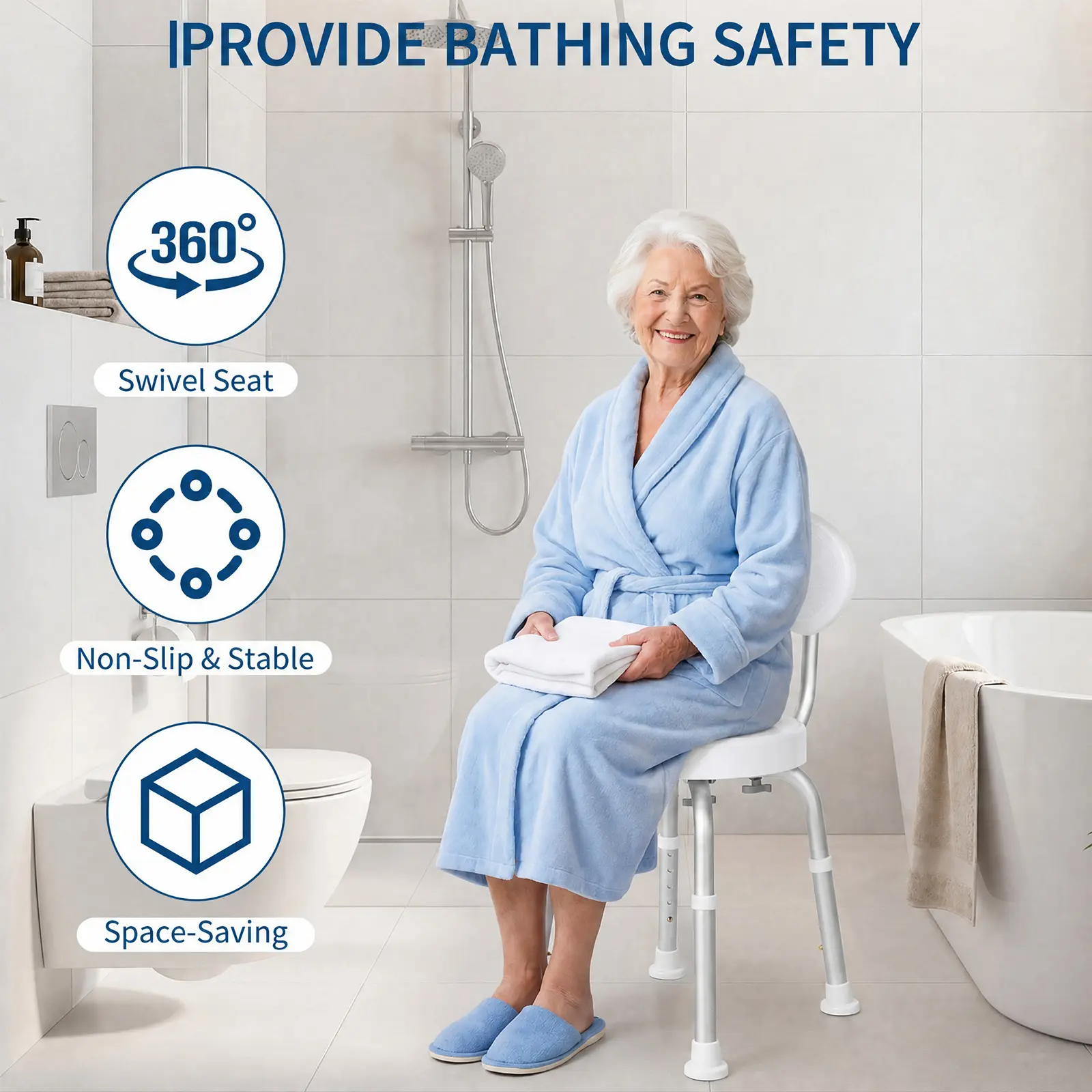 360° Swivel Shower Chair - Height Adjustable Bath Seat with Backrest, Non-Slip Compact Shower Bench for Elderly, Seniors & Disabled