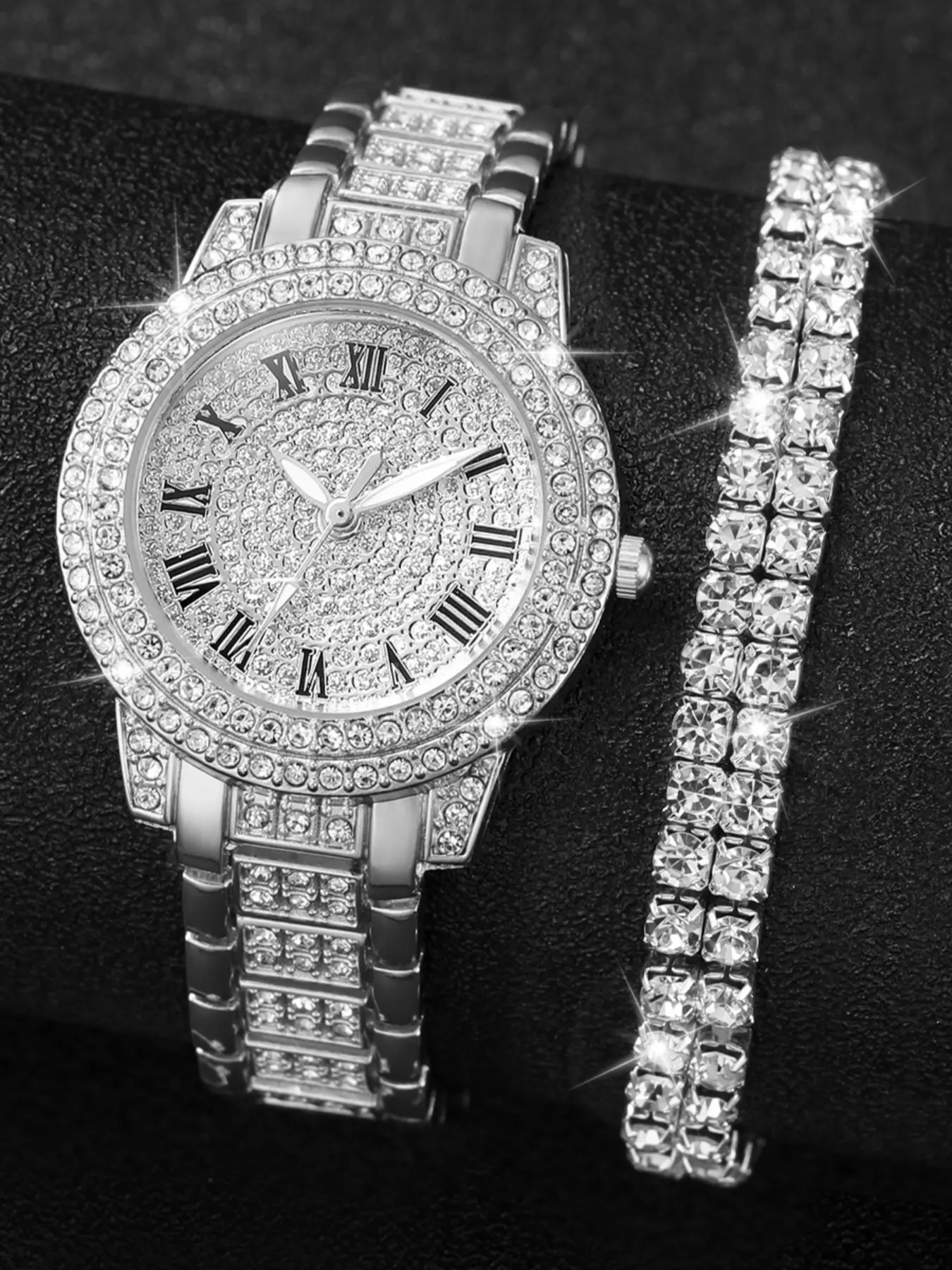 Two-Piece Rhinestone Wrist Watch Set, Punk Style Analog Watch with Resin Case, Geometric Pattern, All-Season Accessory for Students, Rhinestones Decor Wristwatch