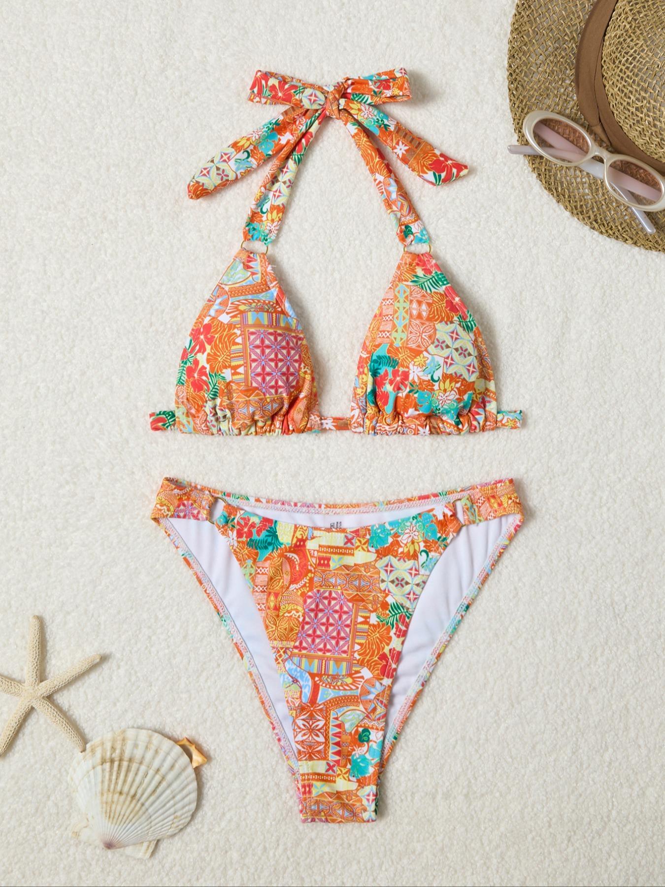 Women's All Over Print O-ring Linked Halter Neck Bikini Set, High Stretch Tie Back Backless Swim Top & Swim Bottom for Beach Holiday Vacation, Summer Beach Bikini, Summer Swimsuit Set, Bikini Swimsuits