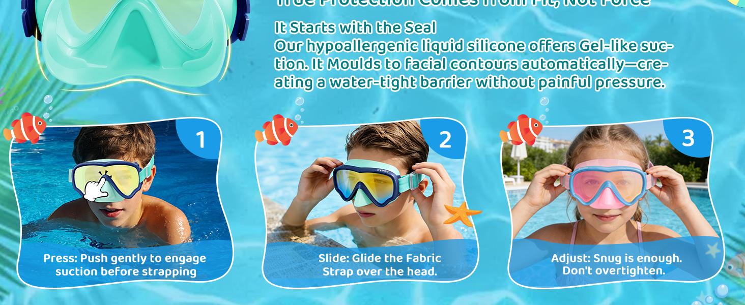 Vvinca Kids Swim Goggles with Nose Cover, Anti-Fog/UV Swimming Mask for Boys Girls 3-15, No Hair Pulling Fabric Strap