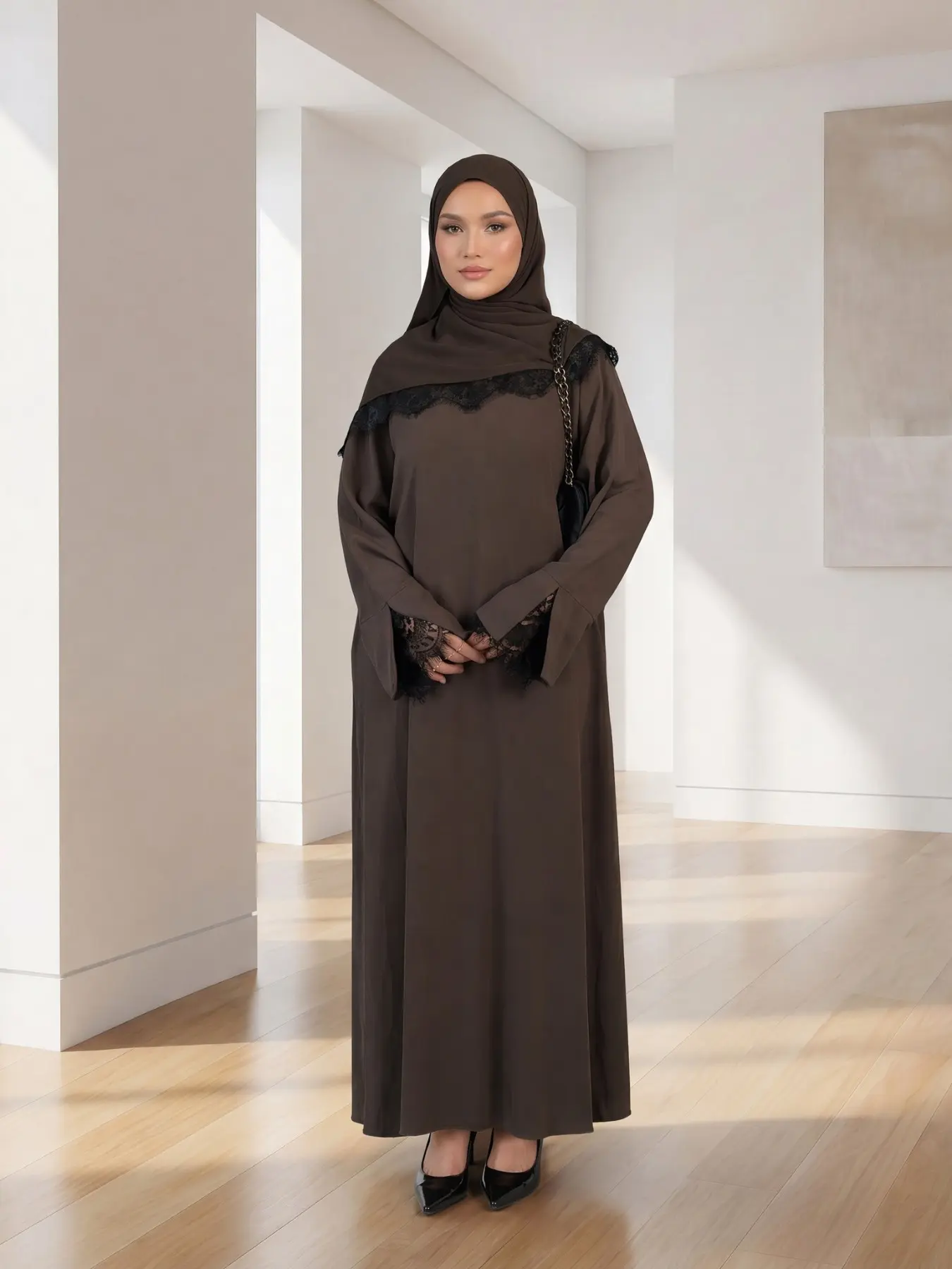 New Muslim Women's Abaya Two-Piece Set, Long Dress and Chiffon Headscarf with Contrast Lace, Elegant Nida Fabric Outfit for All Seasons, Abaya With Hijab