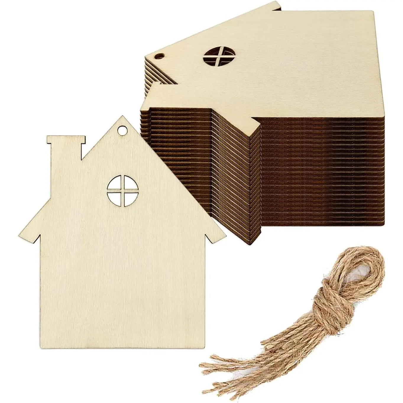 House  DIY Craft Cutout Wooden House Shaped  Ornaments with Hole  Ropes  Tags for Wedding Birthday Christmas Party Decoration (3.54x3.94 in, 20-Pack)