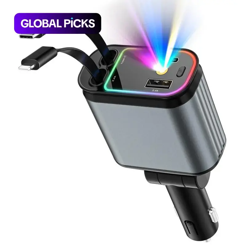 4-in-1 Retractable 66W Fast Charging Car Charger, Smartphone Car Charger with Star Projector Night Light, LED Light, USB Car Adapter, Compatible with iPhone & Samsung #GLOBAL PICKS