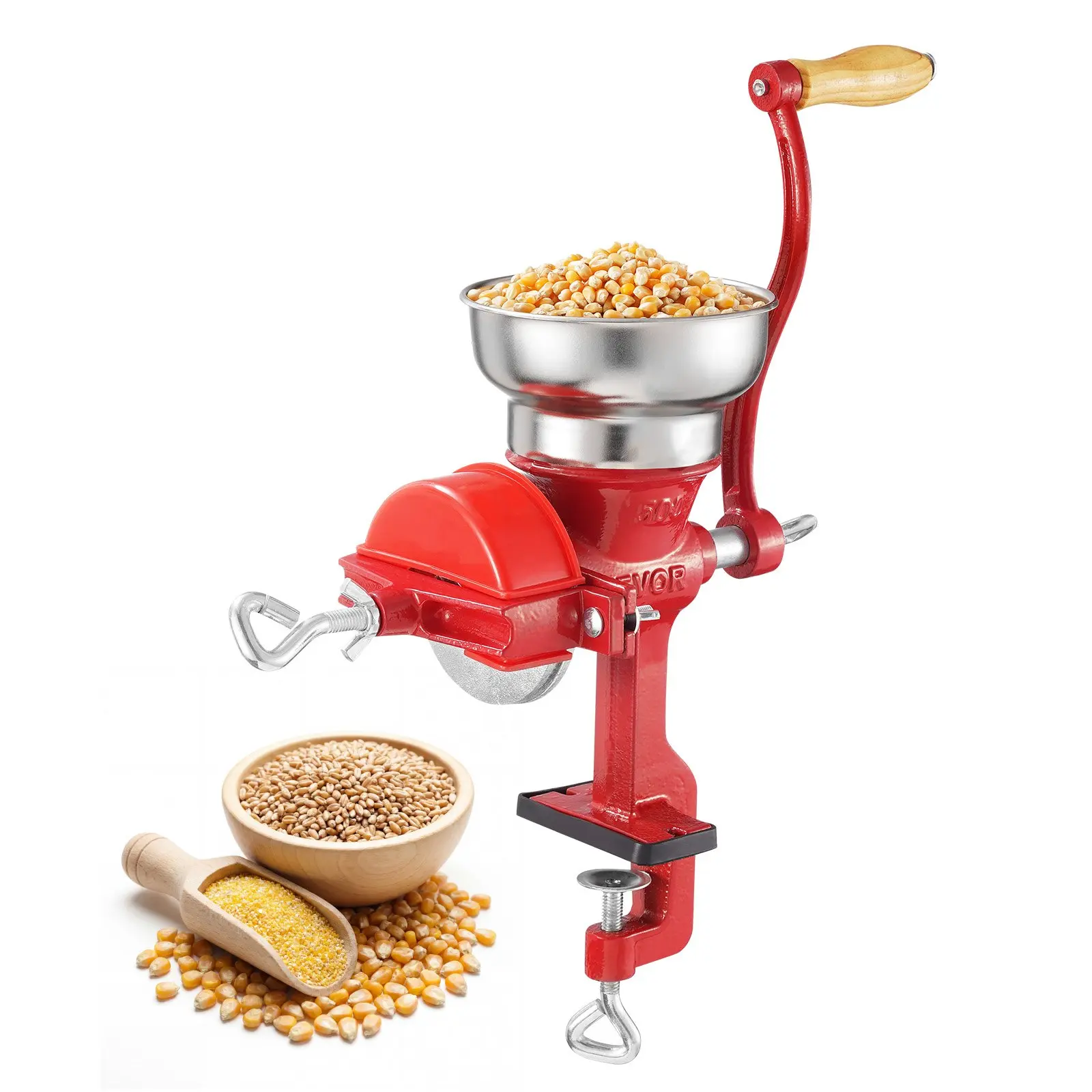 VEVOR Heavy-Duty Cast Iron Manual Grain Mill, Hand-Crank Grinder with Low Hopper, Stable Table Clamp, Dust Cover for Grains, Spices, Coffee Beans