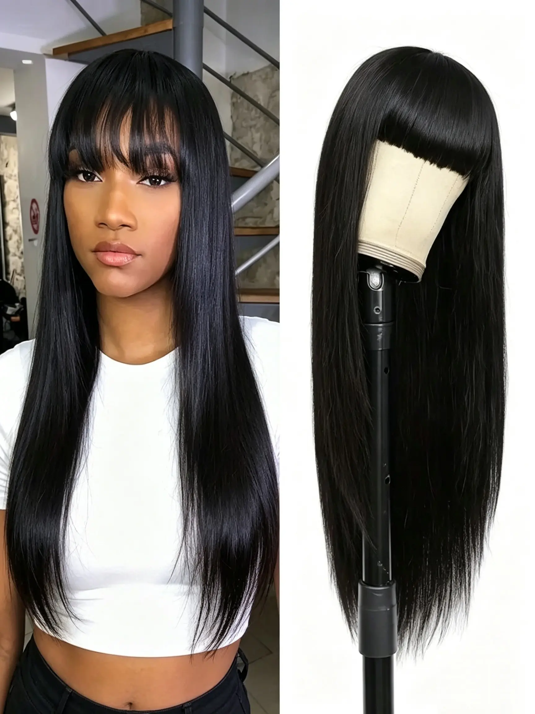 Straight Bangs Wig Synthetic Hair Natural Black Wigs for Women Full Machine Made Rose Net No Lace Glueless Wigs Suitable for Daily Wear, Parties, Vacations,Cosplay Wigs