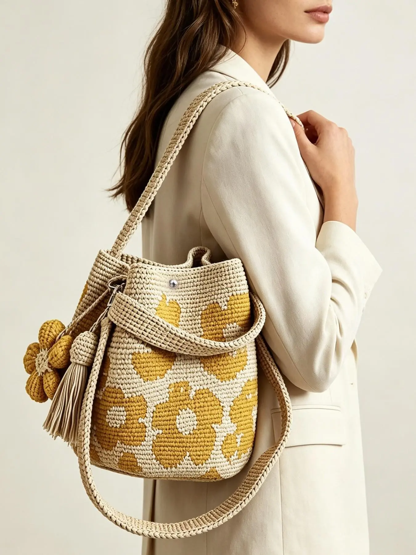 Women's Handmade Crochet Flower Bucket Bag, Colorblock Floral Tassel Crossbody, Large Capacity Beach Bag, Casual Travel Knit Bag, Colorblock Pattern Bag