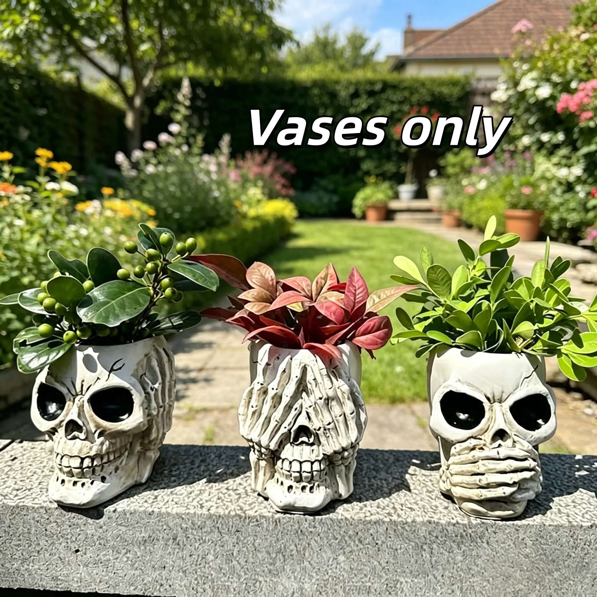 3Pcs Resin Skull-shaped Planter Pots, Creative Decorative Vases, Home Crafts for Balcony, Courtyard, Lawn and Outdoor Landscape Decoration