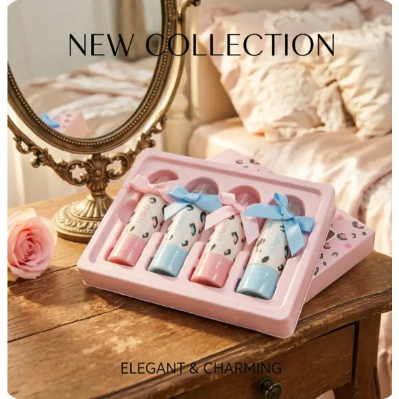 4Pcs Milk Coffee Matte Lip Mud Set Cute Leopard Print Bow Velvet Lipstick Long Lasting Waterproof Non-Stick Cup Makeup Gift for Women Girls