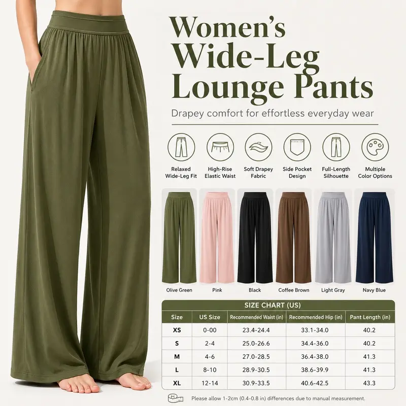 Women High Waist Pleated Wide Leg Palazzo Pants, Elasticated Waistband Side Seam Pockets Soft Drape Fabric Flowy Loose Fit Casual Lounge Dressy Trousers