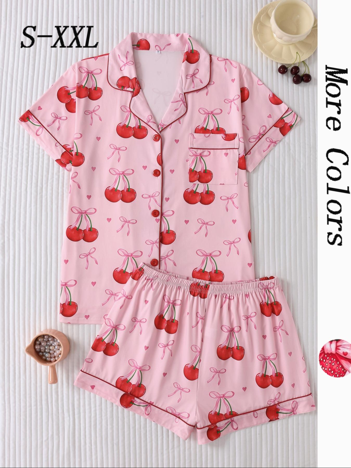 Women's Strawberry & Heart Print Lapel Neck Shirt & Shorts Matching Pyjama Two-piece Set, Ladies Sleepwear for All Seasons, Loungewear, Pajamas
