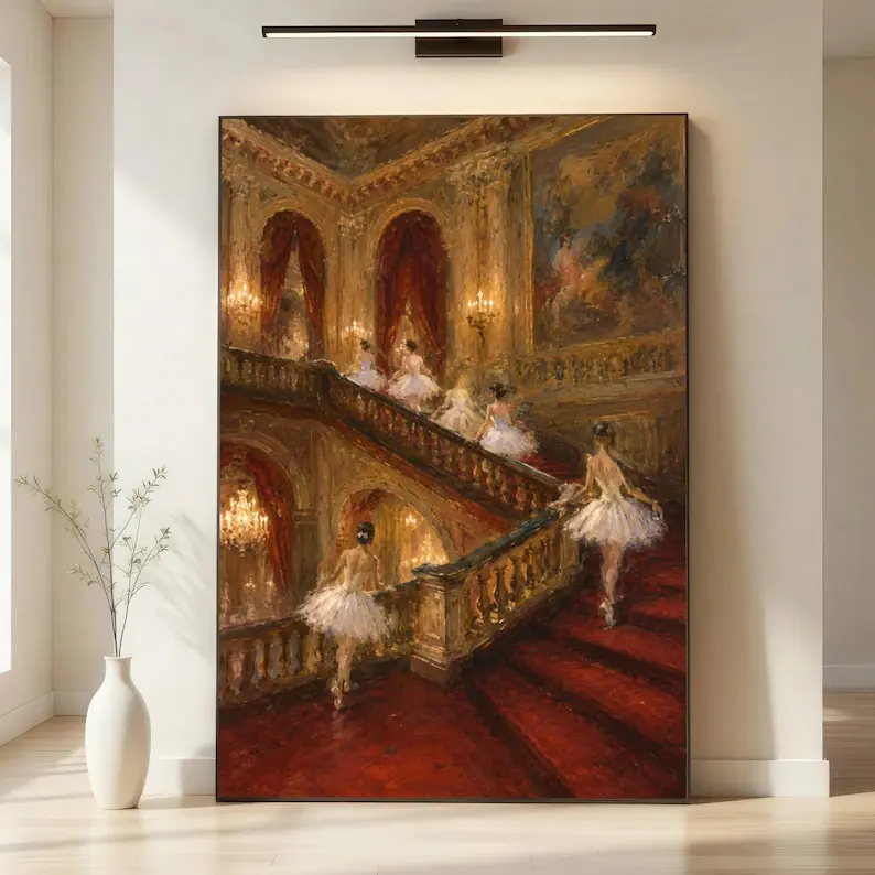 Elegant Ballet Dancers Ascending Red Carpeted Staircase Canvas, Classic Theater Wall Art, Vintage Ballet Performance canvas painting,gift,