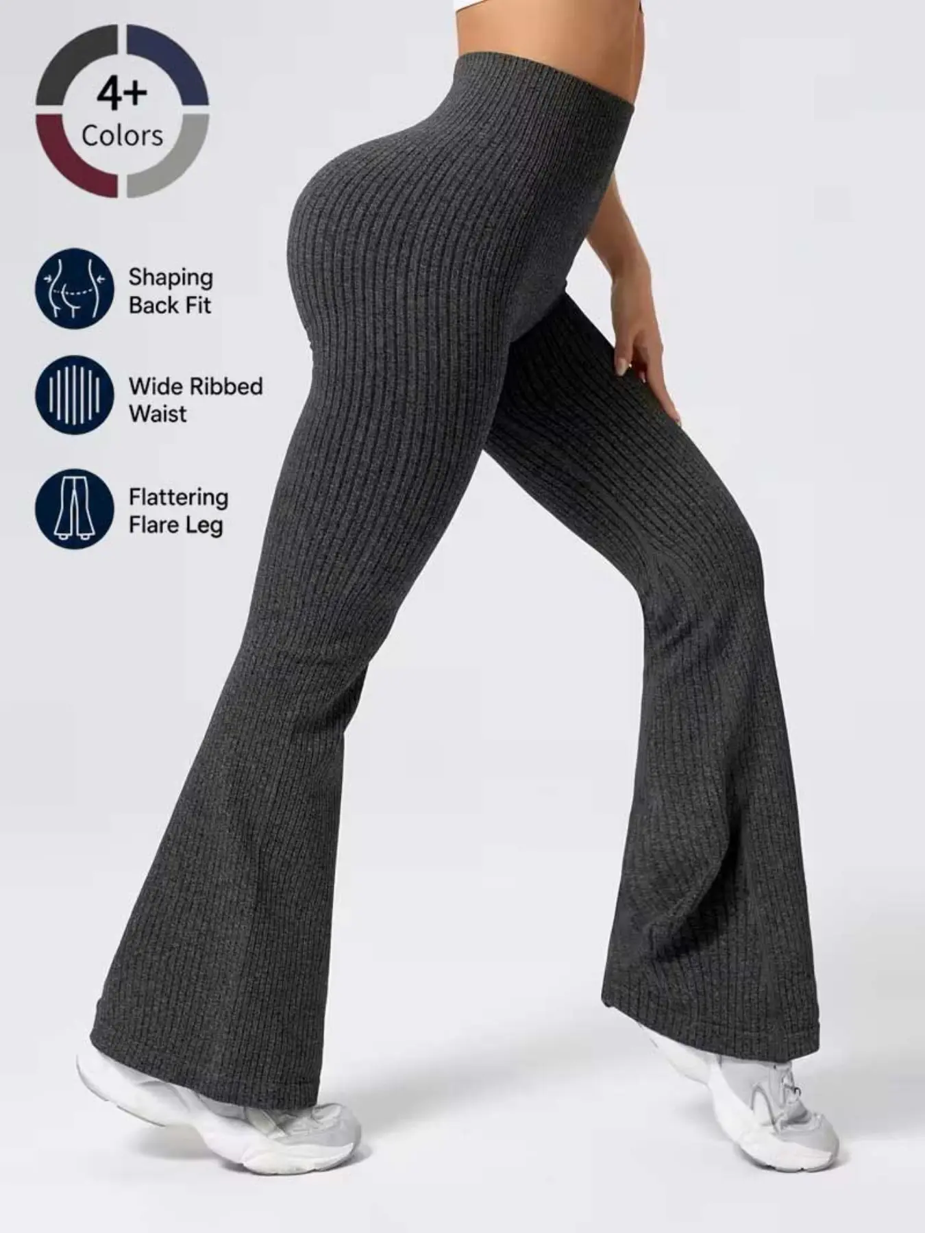 Women's Knit Flare Pants, Plain Color Ribbed Yoga High Waist Fashion Slim Fit Seamless Yoga Bell Bottoms, Fall & Winter Casual Wear