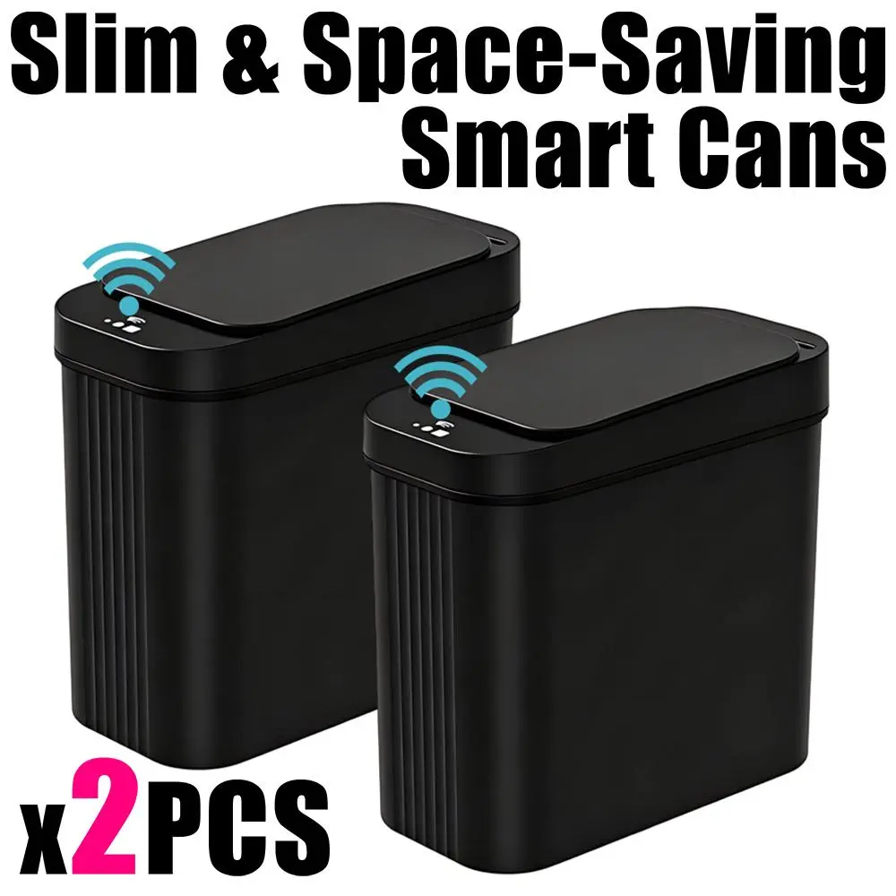 2 Pack 15L Induction Sensor Electric Waste Bin - Hands-Free Open, Waterproof, Slim Modern Nordic Space Saver Plastic Body Garbage Bin for Kitchen/Bathroom Camping Picnic