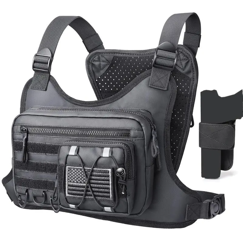 Unisex Solid Black Tactical Chest Bag - Nylon Shoulder Bag with Adjustable Straps, Gun Holster, Chest Fit, Holster Stays Put, Fast Gear Access for Running, Hiking, Tactical Equipment
