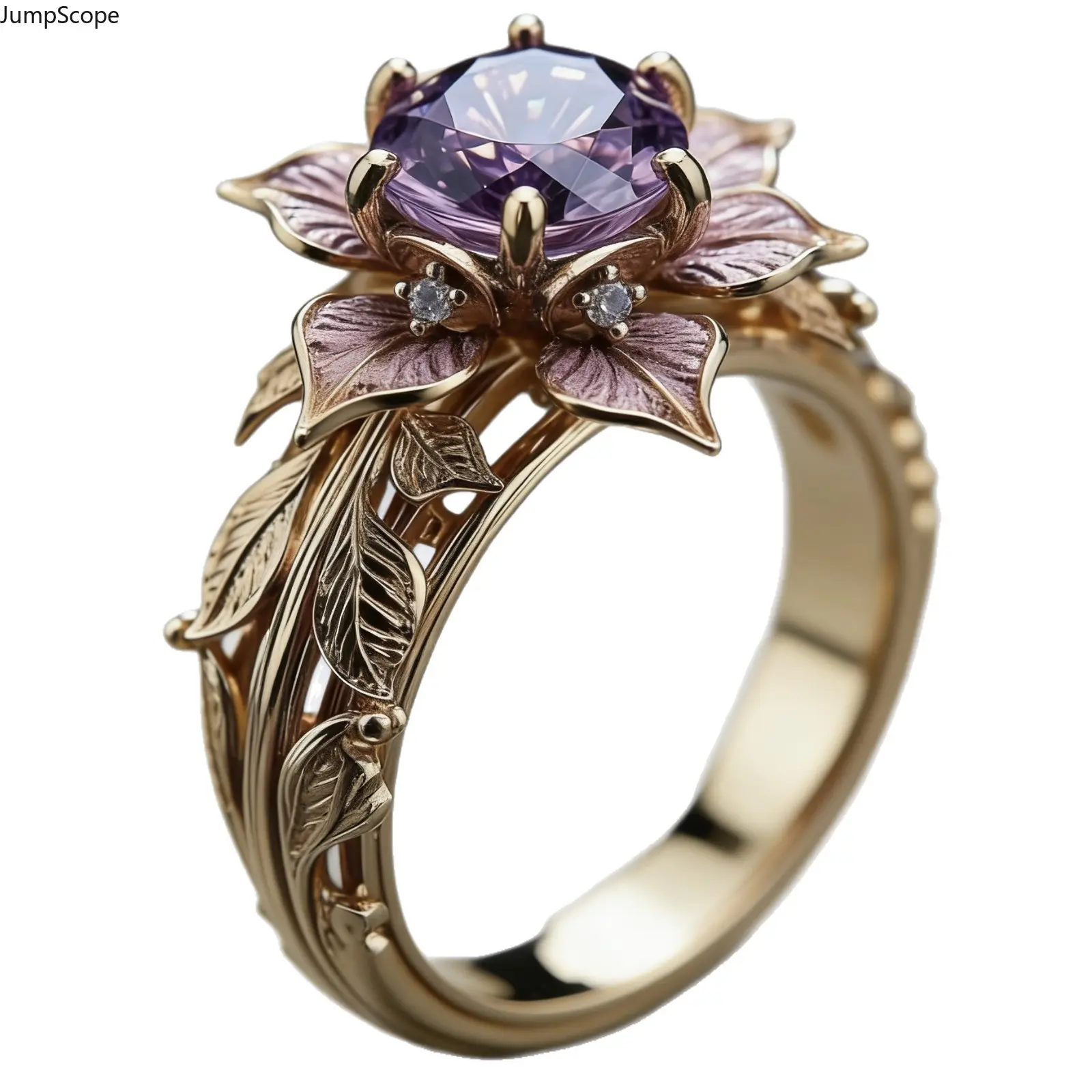 14K Gold Plated Oval Lavender Amethyst CZ Floral Branch Ring For Women, 3D Two-Tone Pink Petal Hollow Filigree Ins Vintage Botanical Band For Birthday Anniversary Gift For Her