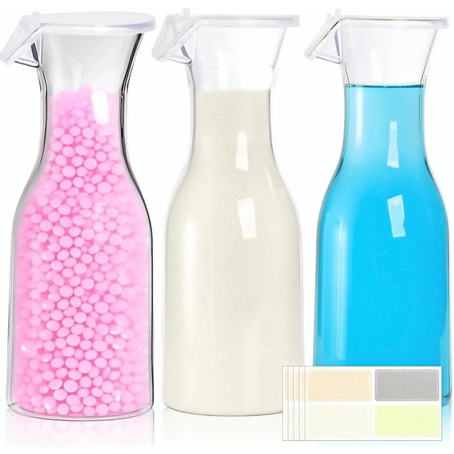 3 Pack Laundry Detergent Dispenser with 5 Labels, 40 OZ Plastic Fabric Softener Bottle,  Detergent Container, Laundry Room Organizer for Liquid Soap   Scent Booster Beads