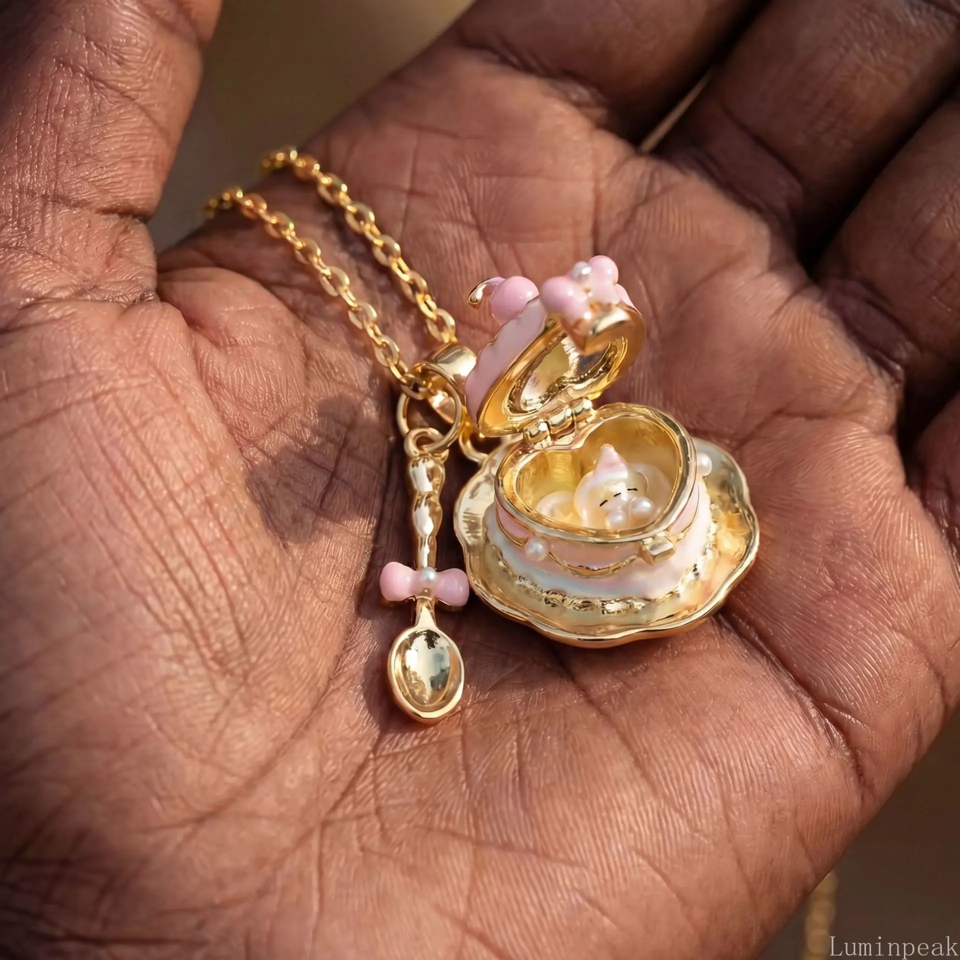 New 18K Gold Anti-Fade Openable Cup Locket Necklace, Sweet Style With Teaspoon Enamel Detail, Lovely Girl Fashion Jewelry Ideal For Birthday Gift Giving And Daily Matching