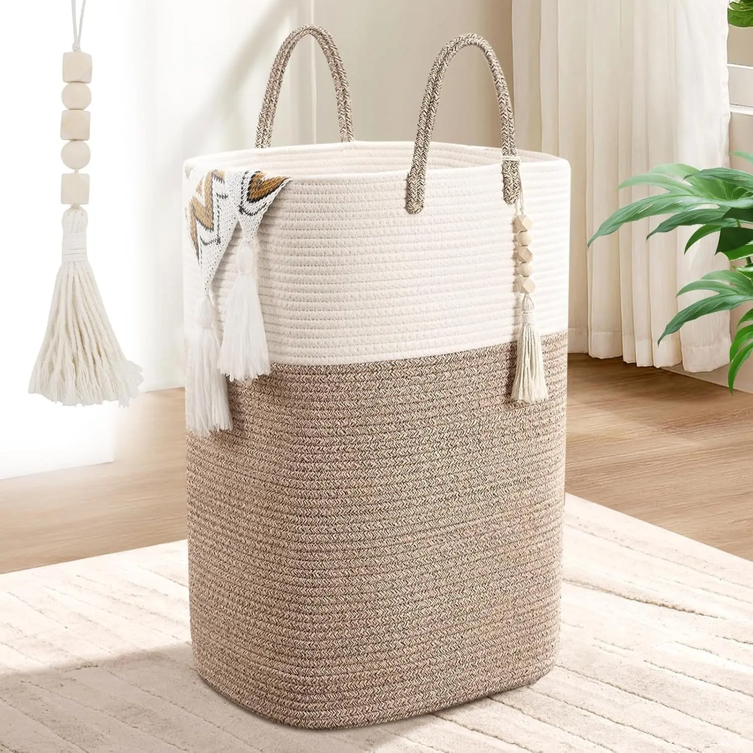 65L Woven Laundry Basket for Clothes, Large Rectangle Laundry Hamper with Beads Tassel, Nursery Storage Basket, Tall Dirty Clothes Hamper for Bedroom Aesthetic, Laundry Room Organization