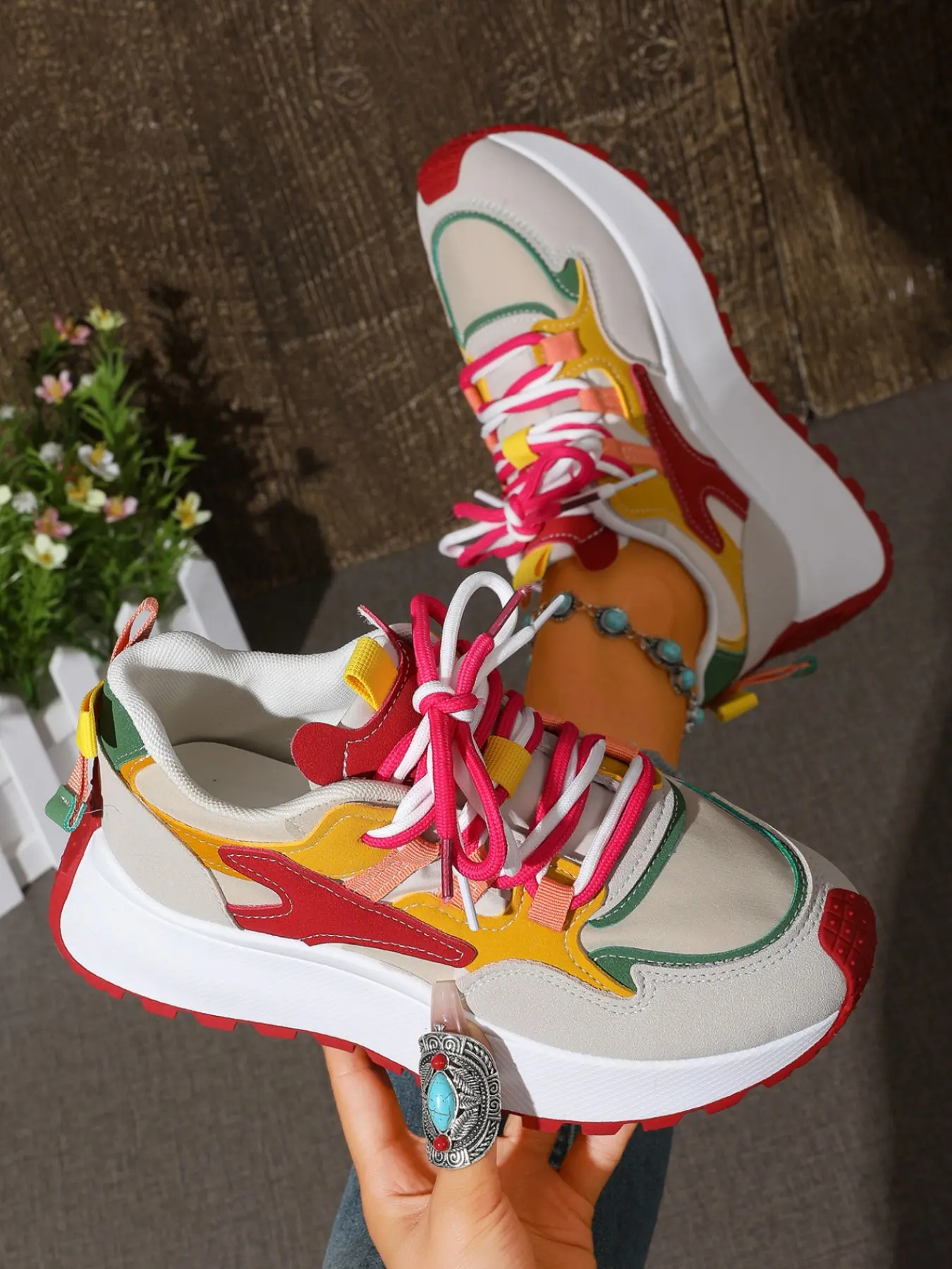 Vintage Colorblock Thick Sole Dad Shoes for Women, Dual Laces Height Boost Anti-Slip Casual Sports Shoes, Breathable Lightweight Running Shoes, Chunky Running Sneakers, Trendy Running Shoes