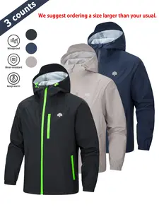 Men's Casual Sporty Hooded Jacket, Zipper Detail, Pockets, Windproof Waterproof, Lightweight Soft, Long Sleeve, Ideal for Hiking, Cycling, Camping