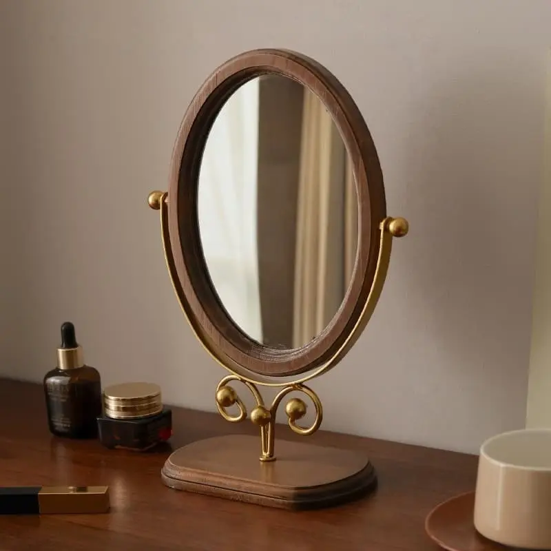 Rotating Desktop Makeup Mirror, HD Countertop Vanity Mirror with Stand, Vintage Wood Grain, Nordic Minimalist Style, Adjustable Rotatable Mirror, Durable