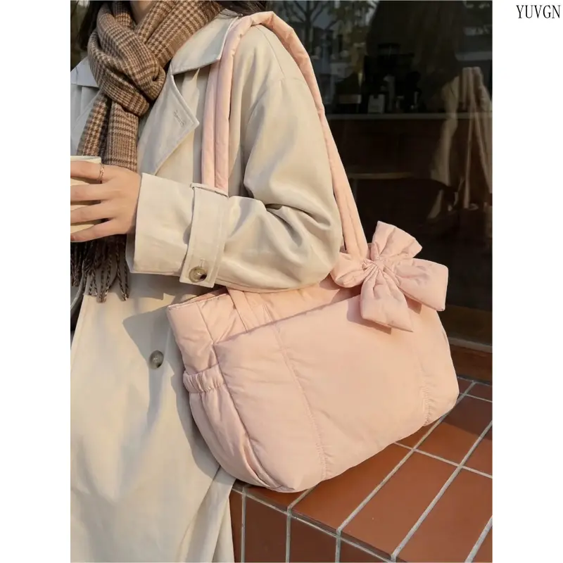 Women's Quilted Puffer Tote Bag - Cute Bow Accent, Large Capacity Casual Everyday Soft Shoulder Gym Bag for Shopping & Daily Outings, Casual Everyday Bag tiktokshopbacktoschool