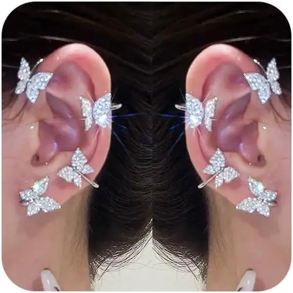 Butterfly Ear Cuffs Earrings Rhinestone Butterfly Ear Wrap No  Ear Cuff Clip  Earrings for Women