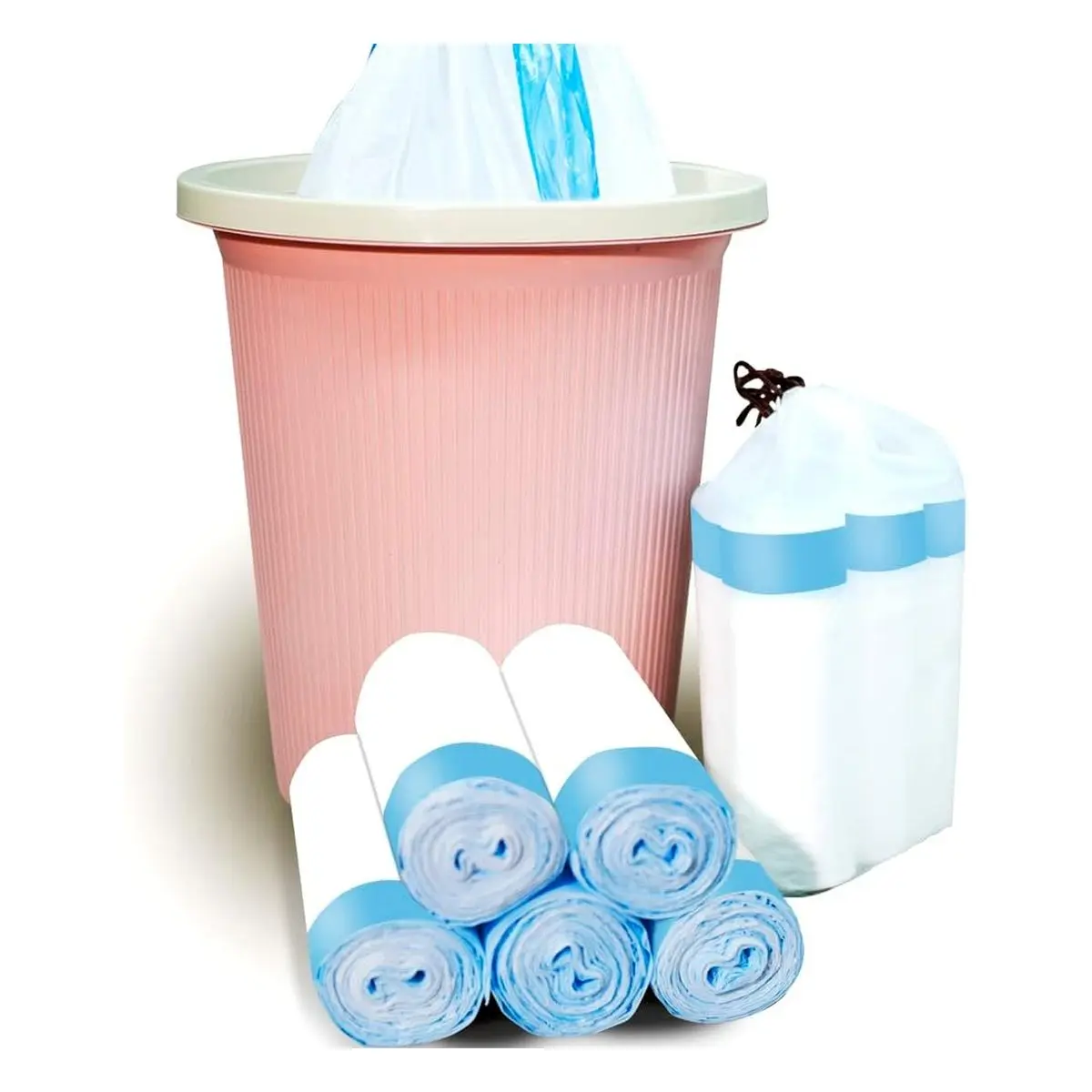 Drawstring Trash Bags for Bathroom or Kitchen, 3.2 Gallon, 100 Count, White Waste Basket Liners with Blue Strap