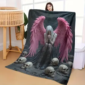 This cozy dark angel-themed fleece blanket features a soft, high-definition digital print with pink wings and a skull motif. It's a cool blanket suitable for year-round use!