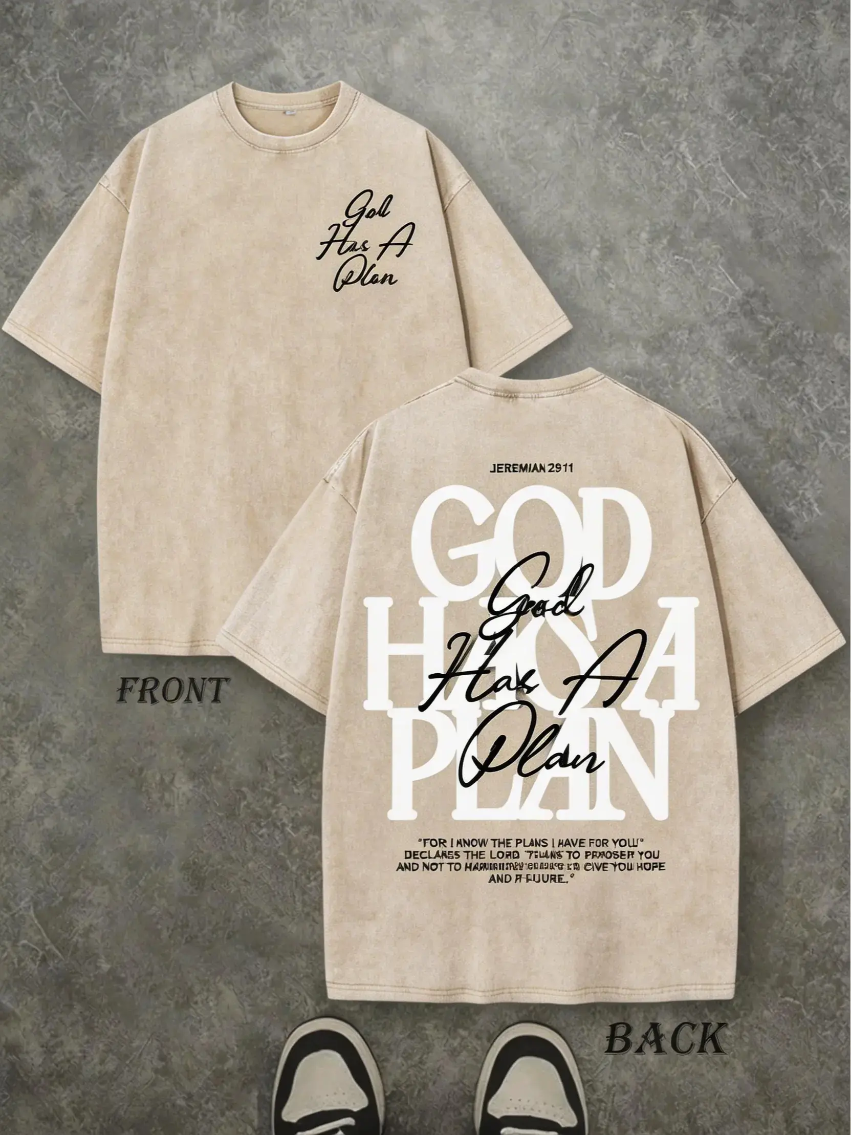 Unisex "God Has a Plan" Double-Sided Graphic Print Vintage Base Tee - 230gsm Heavyweight Ring-Spun Washed Cotton Christian Streetwear, Wide-Shoulder Fit, Machine Washable High-Quality Casual Men's/Women's Top