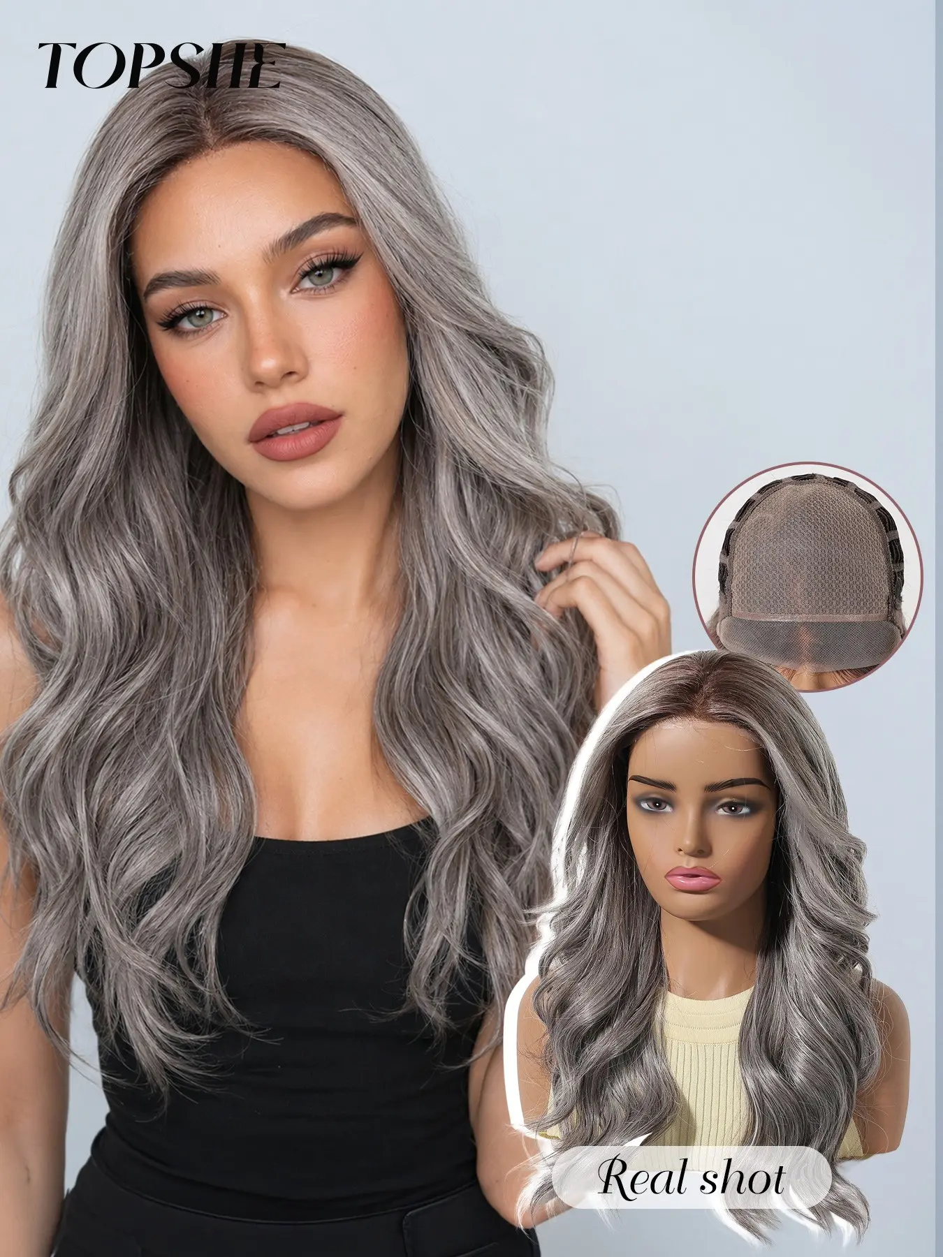 Topshe Mono Wig 6.5*5.5 Silver Long Wavy Hair, Perfect for Cold Skin, Ideal for Parties and Casual Wear