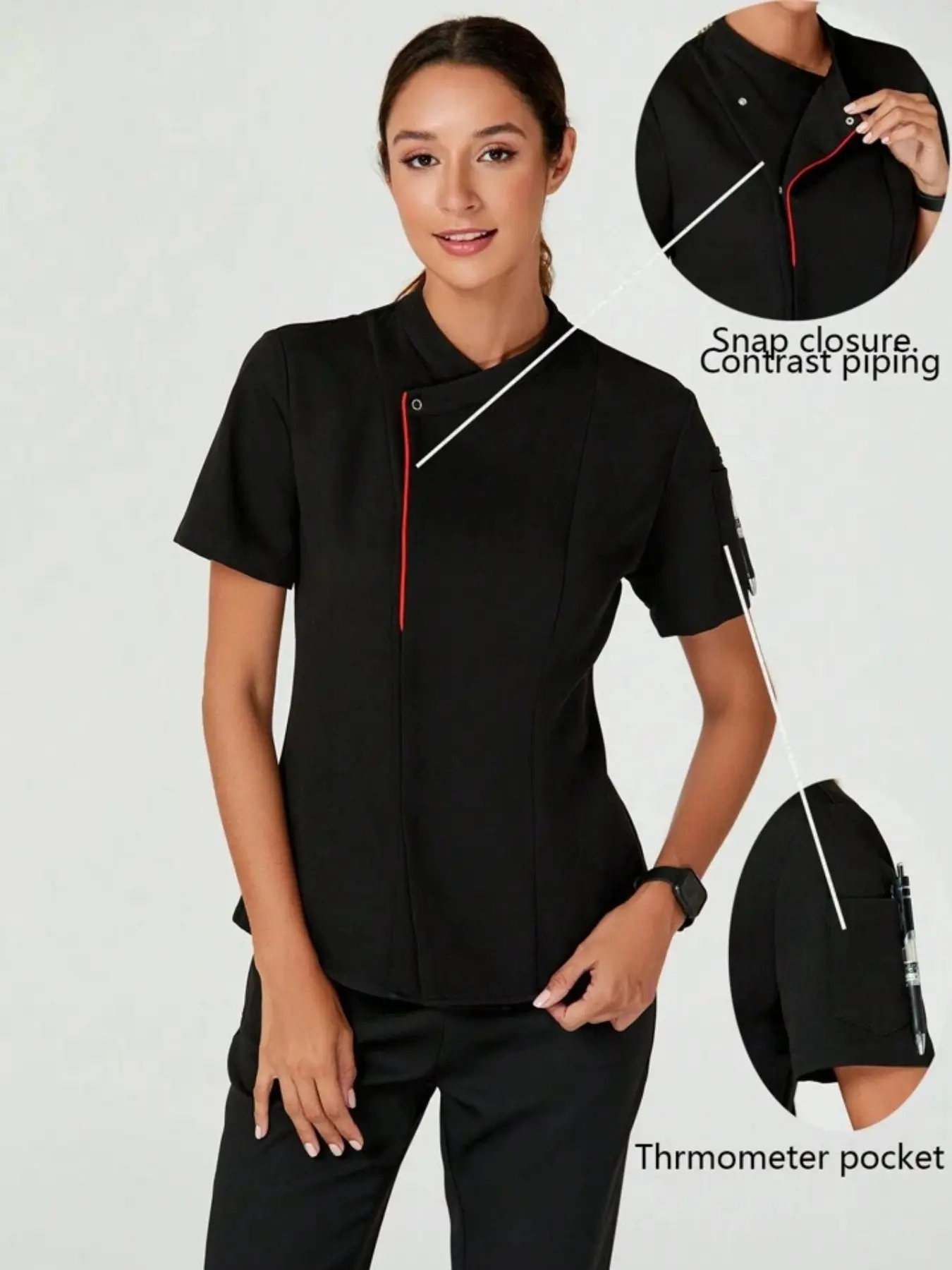 Women's Stand Collar Asymmetrical Short Sleeve Workwear Uniforms Set, Hotel Front Desk Restaurant Customer Service Slim Fit Two-Piece