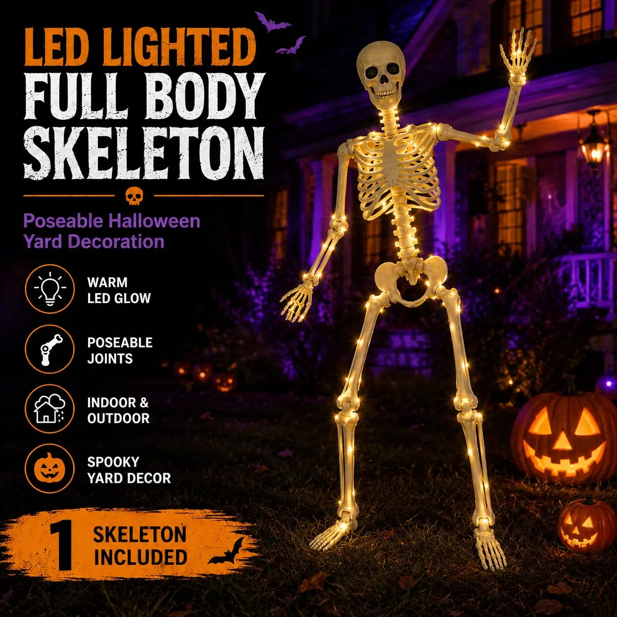LED Lighted Full Body Skeleton Prop, Halloween Poseable Skeleton Decoration, Spooky Outdoor & Indoor Display, Horror Party Decor, Unique Home Ornament