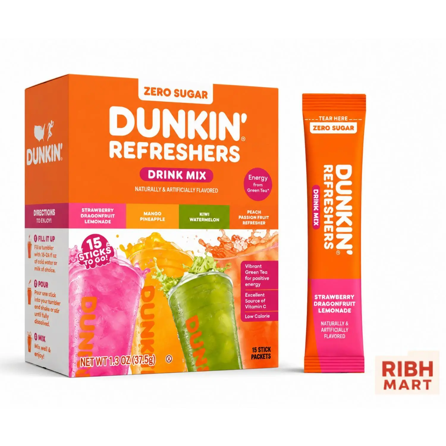 Dunkin' Refreshers Zero Sugar Singles To Go Assorted Flavors, 15-Pack – Sugar-Free Powder Drink Mix, Refreshing Fruit-Flavored Drink Sticks, Low-Calorie Hydration Boost, Convenient for Travel, Work, and Daily Hydration, 15 Individual Drink Mix Packs (Modi