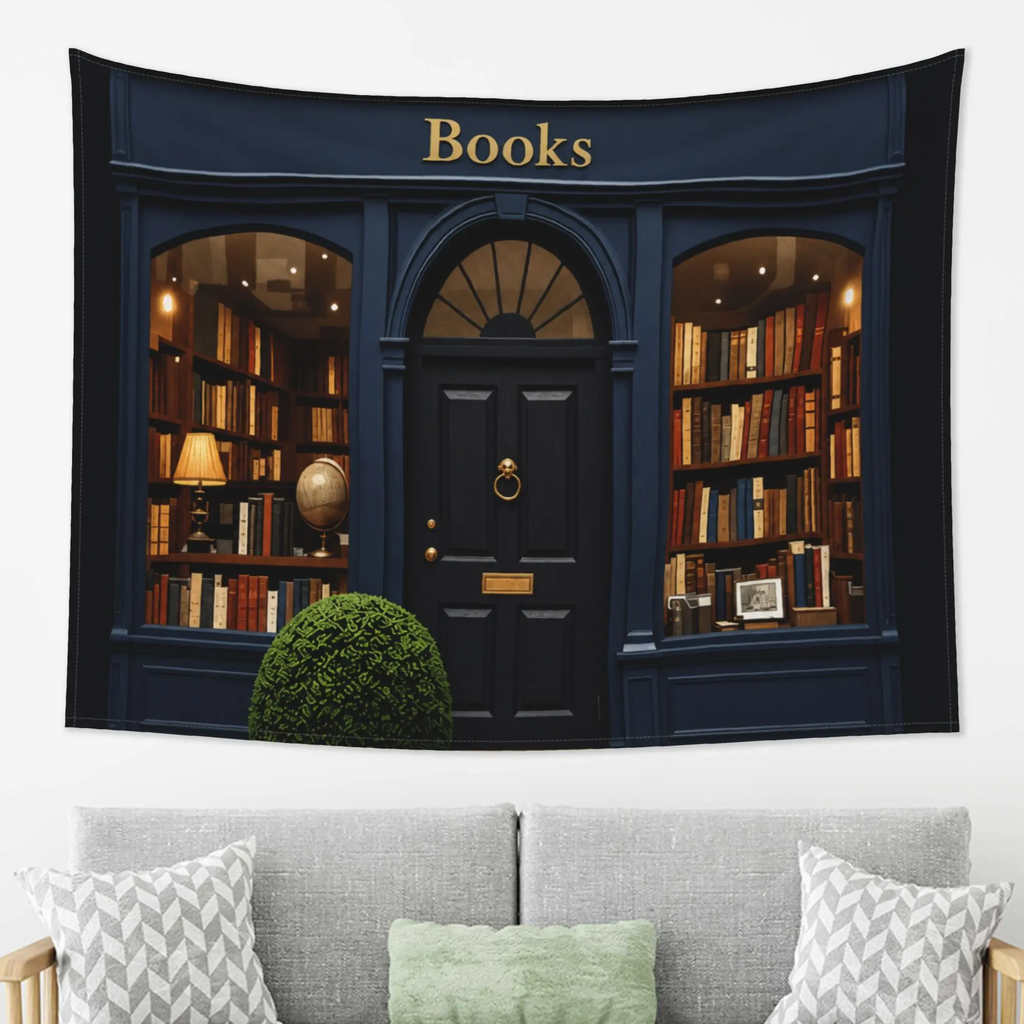 Vintage Bookstore Window Wall Tapestry - Antique Library Bookshelf & Dark Blue Storefront Backdrop - Large Fabric Wall Hanging Art for Reading Room, Study, Home Office Decor
