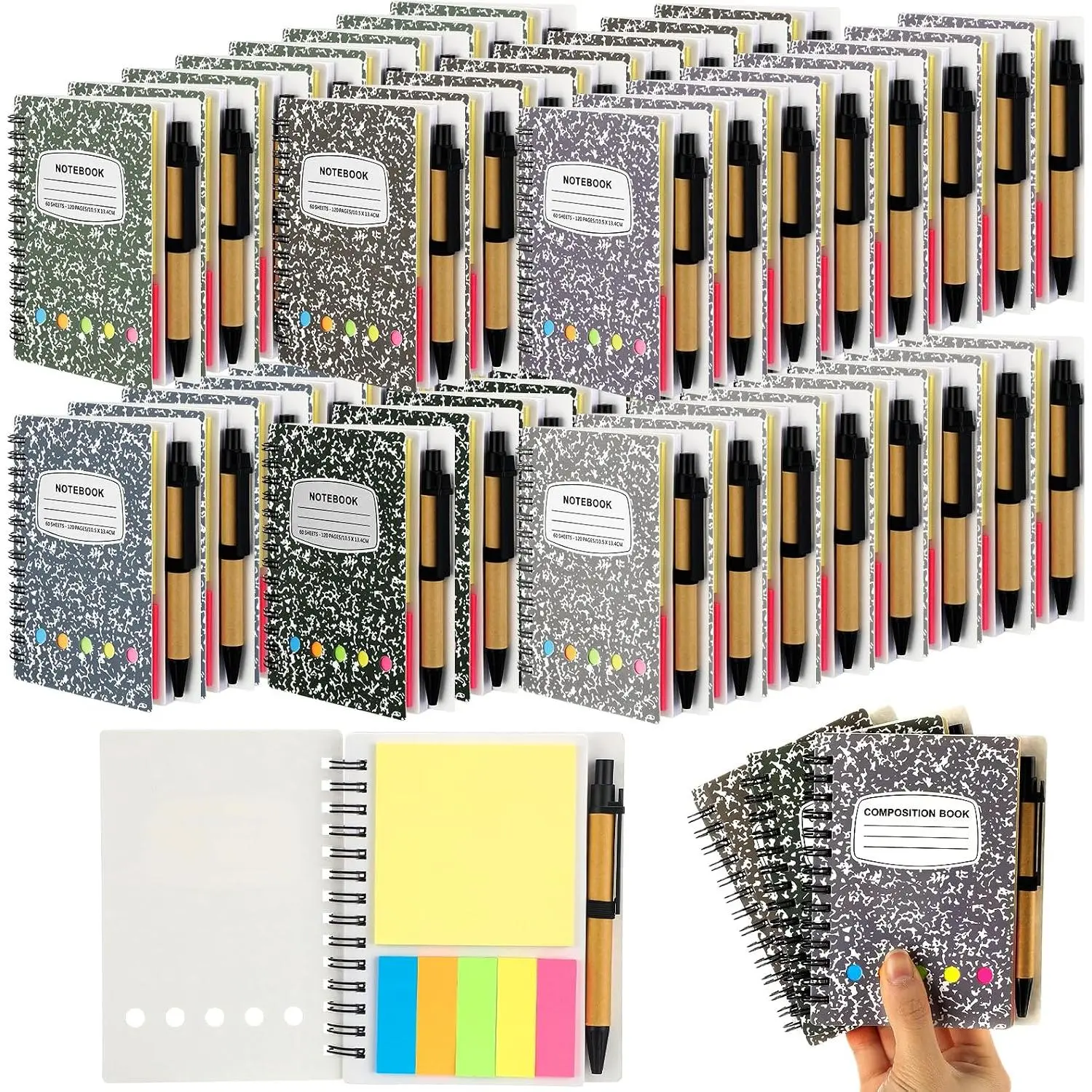 24 Sets  to School Spiral Notebook Bulk, Steno Pads with Pen, Sticky Notes Colored Index Tabs, 5.2" x 4.1" Pocket Notebook for Business Office School Supplies, 60 Sheets (Morandi)