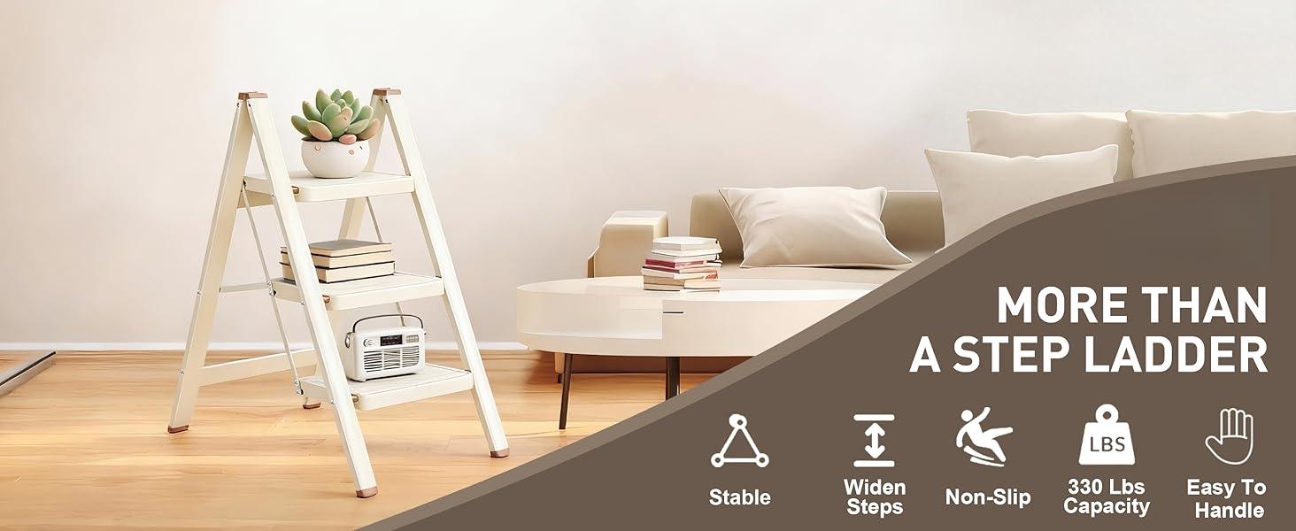 3 Step Ladder,Lightweight Folding Step Stool with Wide Anti-Slip Pedal, 330LBS Capacity, Heavy Duty,Sturdy Iron Metal Step Stool for Home, Kitchen, Closet, Adults, Cream White