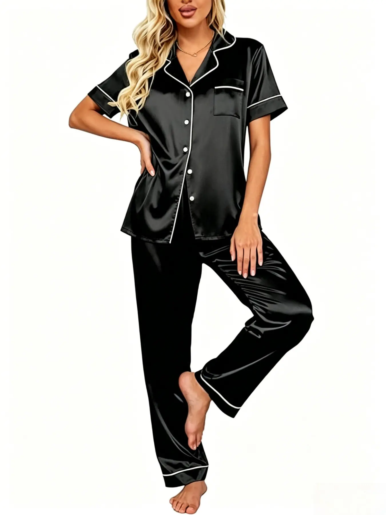 Women's Satin Smooth Velvet Pajama Set, Everyday Short Sleeve Long Pants Sleepwear, Soft Button Home Wear Pajamas, Comfortable Nightwear Loungewear Elegance