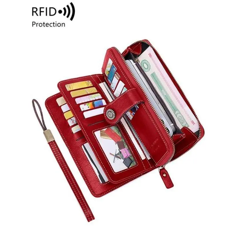 Women's Elegant Solid Color RFID Blocking Long Wallet - Clutch Wallet with Wrist Strap, Zipper Closure, Large Capacity Multi-Functional Daily Purse, Rfid Blocking Wallets