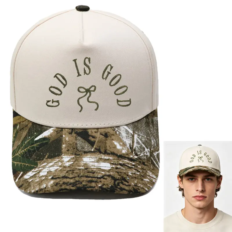 Effortless Glamour God Is Good Embroidered Trucker Hat Coquette Bow Camouflage Brim Olive Green Cotton Canvas Unisex Snapback Y2K Christian Streetwear Cap