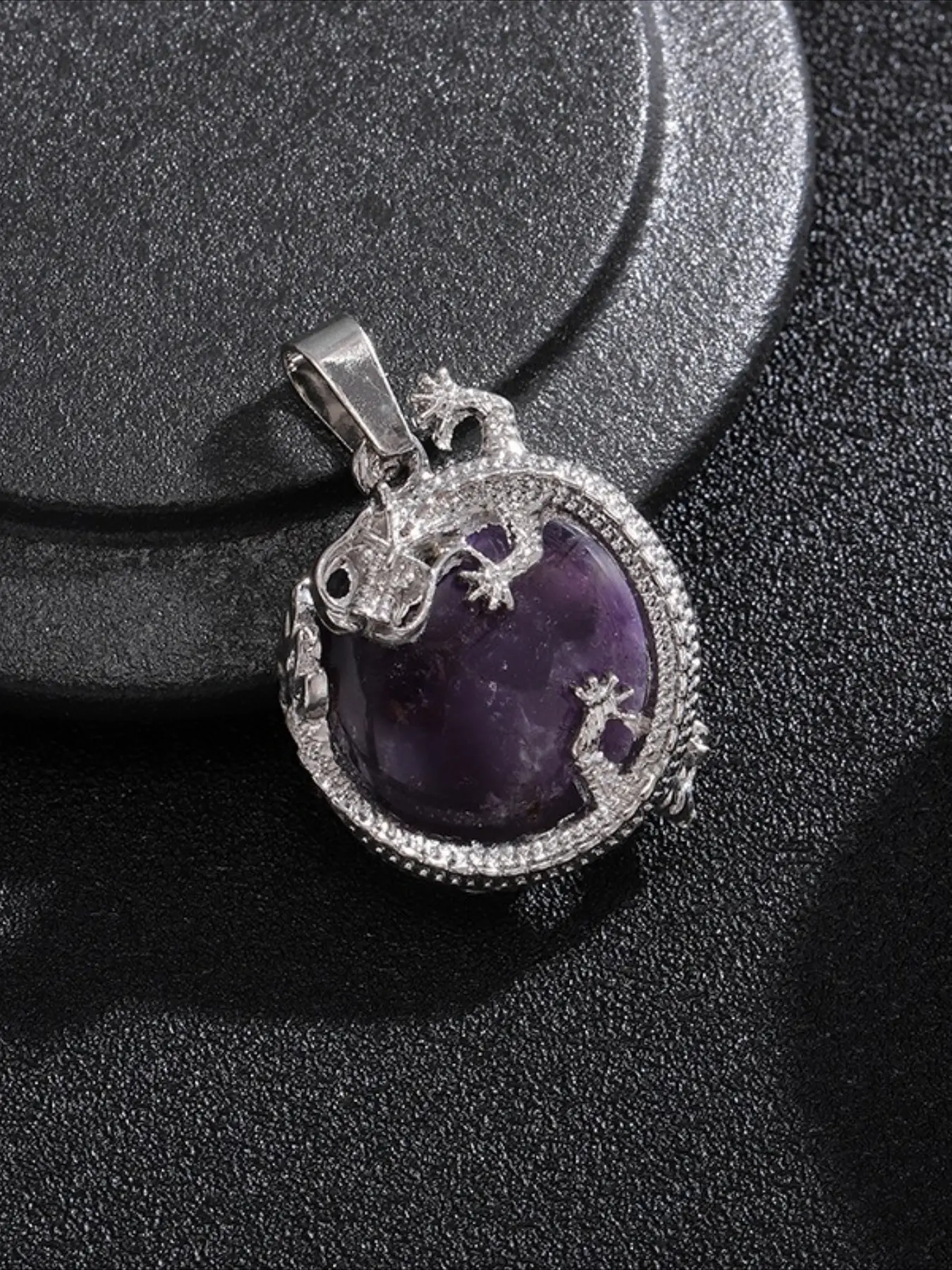 Natural Crystal Dragon Pendant, Round Gemstone Charm Necklace, Vintage Dragon Design Jewelry, Healing Crystal Stone Pendant Gift for Women Men