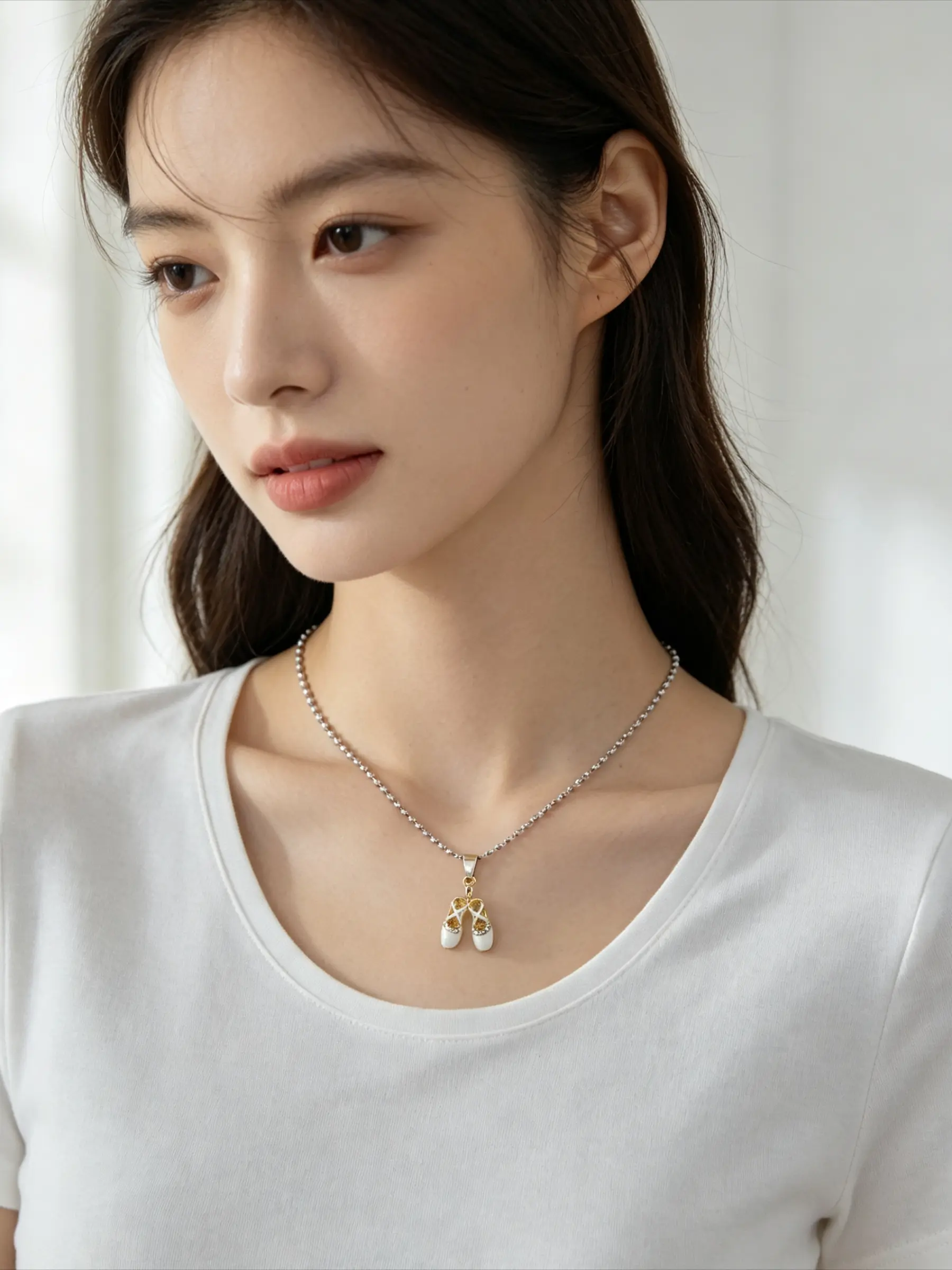 Sweet Mini Ballet Shoe Pendant Necklace, Chic Girly Style Rhinestone Bead Chain Versatile Accessory