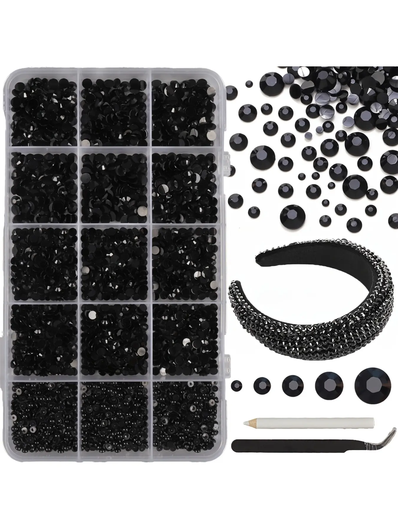 3/4/5mm mixed size jelly embellished resin gemstone, black flat bottomed resin rhinestone, used for facial makeup crafts and cup decoration, flat bottomed cut small round diamond nail jewelry simple and versatile sticker material box DIY
