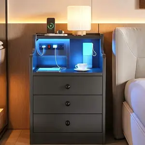 with Charging Station and LED Lights, Night Stand with Hutch, Bedside Table with Drawers, Modern End Side Table for Bedroom summergarden