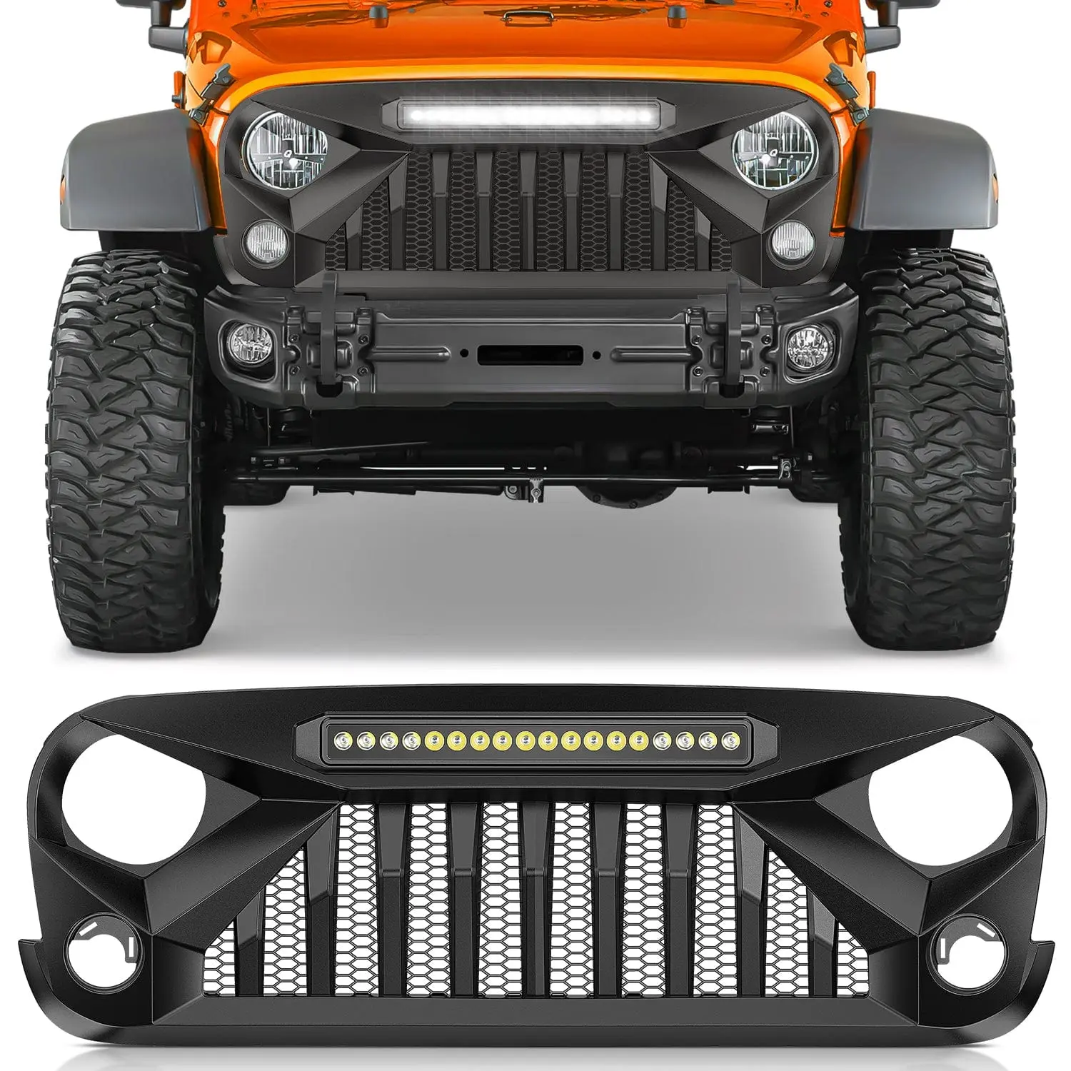 Nilight Matte Black ABS Plastic Front Bumper Grill Cover with LED Work Light Pods, LED Light Bar for 2007-2018 Wrangler JK/JKU Rubicon, Sahara, Sport - Aggressive Look, Easy Installation, Hollow Bars, Debris Guard, Car Accessories, Accessories for Car