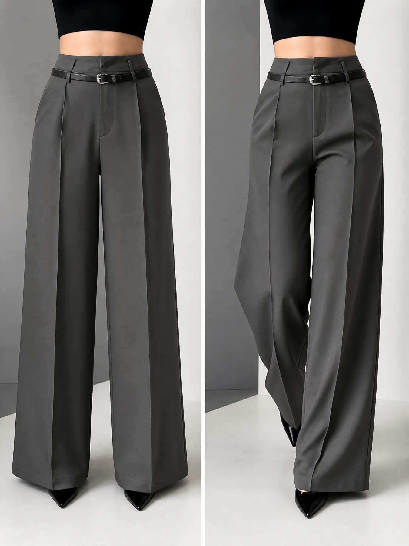 New Women's High-Waisted Wide-Leg Suit Pants, Button Pleated Design with Belt, Casual Elegant Commute Comfortable Versatile Long Pants