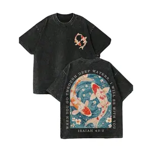 Christian Washed T-Shirt, Koi Patterned T-Shirt, Religious Culture T-Shirt, WHEN YOU GO THOUGH DEEP WATERS, I WILL BE WITH YOU "Conveys The Comforting Meaning Of God And Believers Being Together In Religio. . . men  clothing Crewneck Distressed