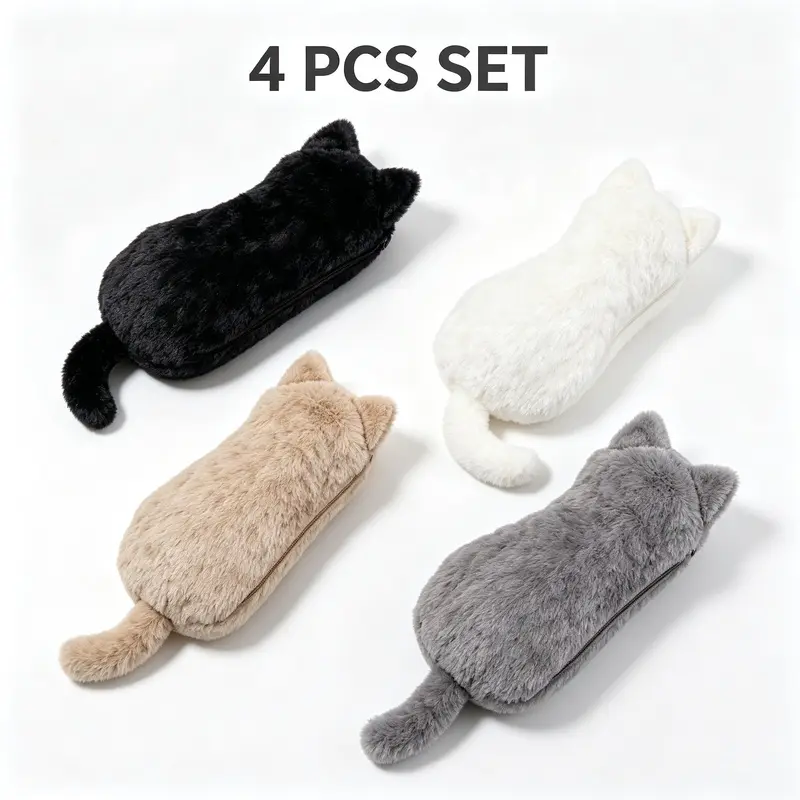 Cute 3D Cat Pencil Case 3-Pack, Soft Plush Kawaii Storage Pouch for Girls, Large Capacity with Lightweight Zip for School Shopping & Cosmetics, Girls Students, Stationery Bag, Multiple Sets, College School Supplies