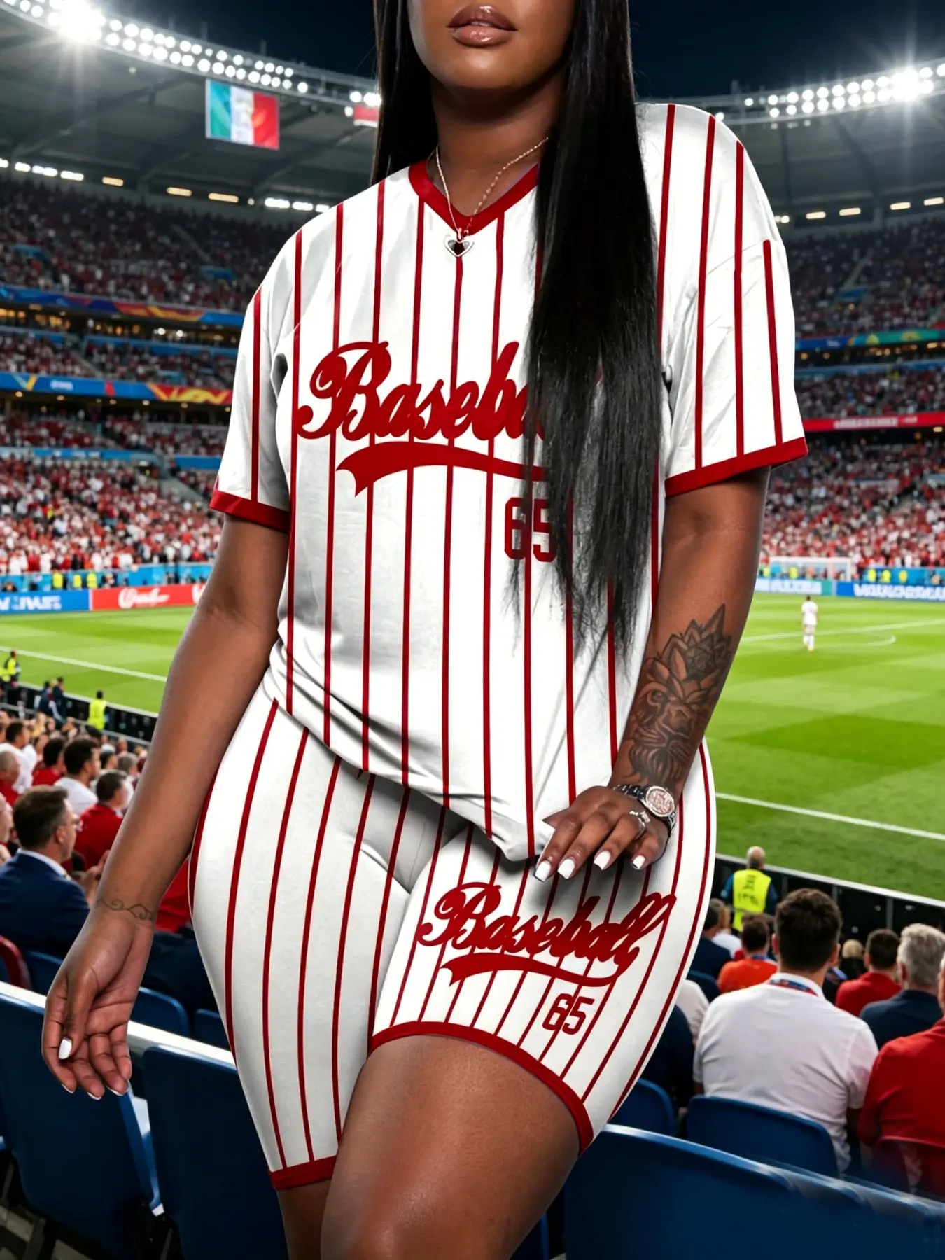 Women's Casual Stripe Print V Neck Two-Piece Set, Baseball Style Fitted Regular Length Tops & Shorts Set, Medium-Weight Fabric, Stretchy Summer Outfit