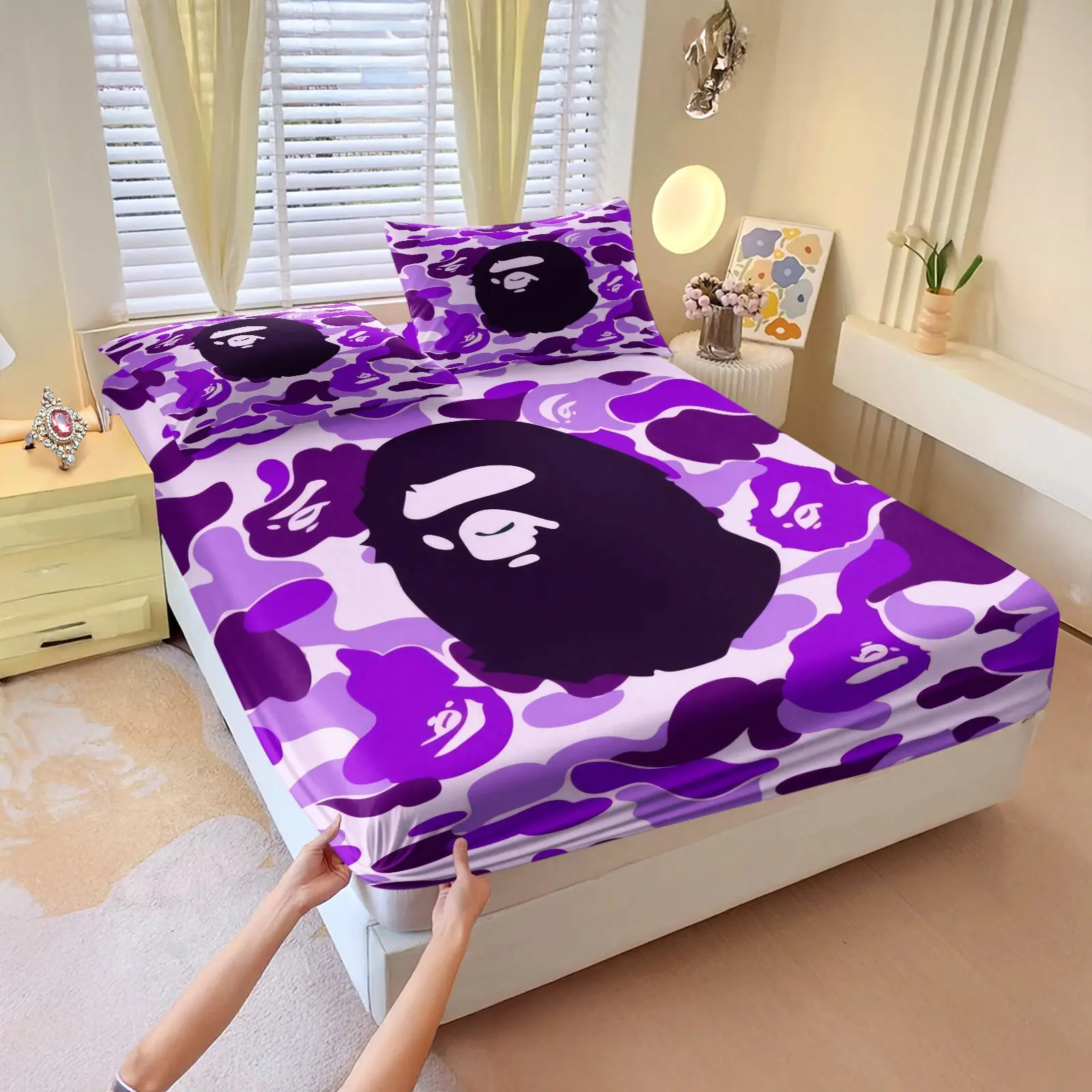 Purple Camouflage Giant Monkey Head All Over Print Fitted Sheet Set, No Filling Included, Non Slip Mattress Wrap, Machine Washable Fade Resistant, Studio Apartment Decor, 3 Piece Bedding Set Perfect For Studio Apartment, Theme Bedding Set
